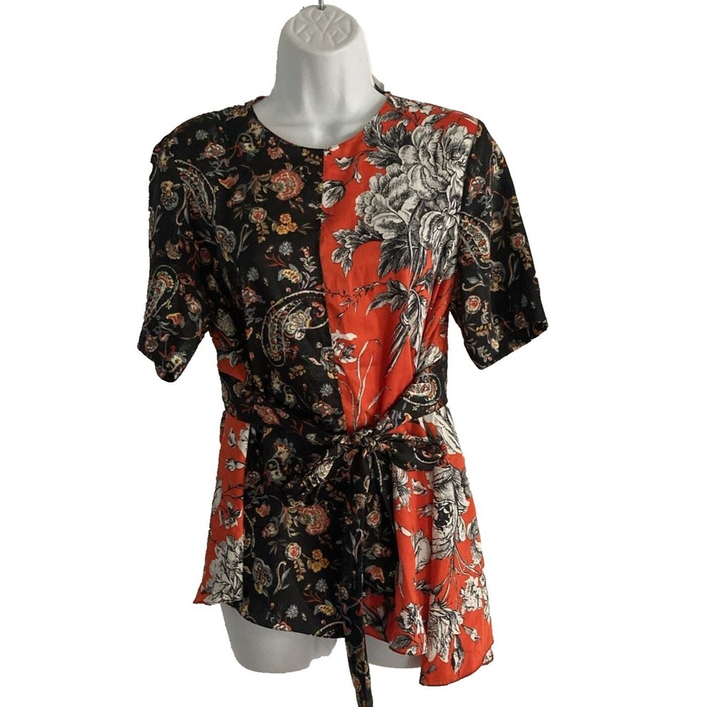 ZARA Floral Paisley Printed Tunic Top Womens Size Small Belted Red Black Blouse